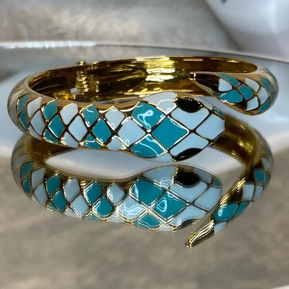 Snake Cuff Bracelet Gold-plated Inlaid Teal & White Enamel Bangle Bracelet sze 8